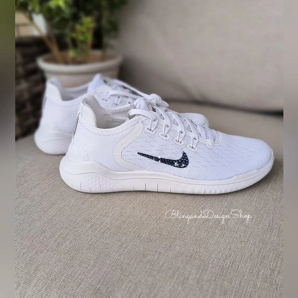 Nike Free RN 2018 White Sneakers Customized with Crystal Rhinestones